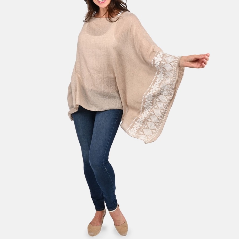 CAATYDID TAN BOATNECK EMBROIDERED CAFTAN OSFM TUNIC SHORT LENGTH KAFTAN